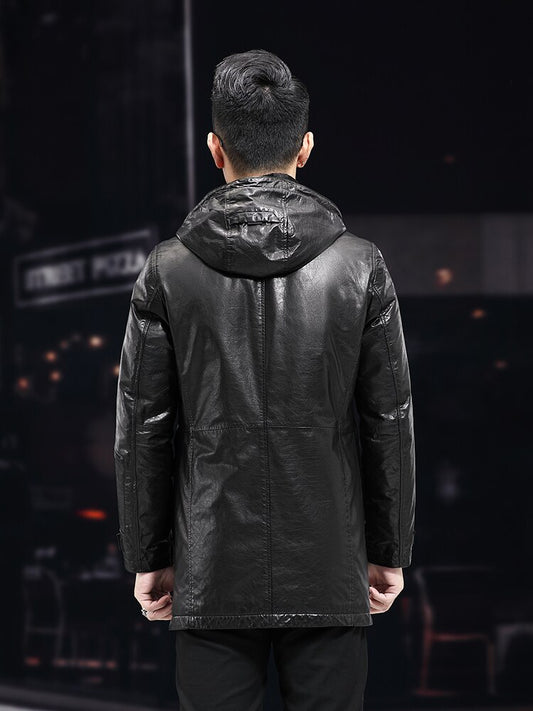 Duck Down Genuine Leather Coats Hooded Cargo Style