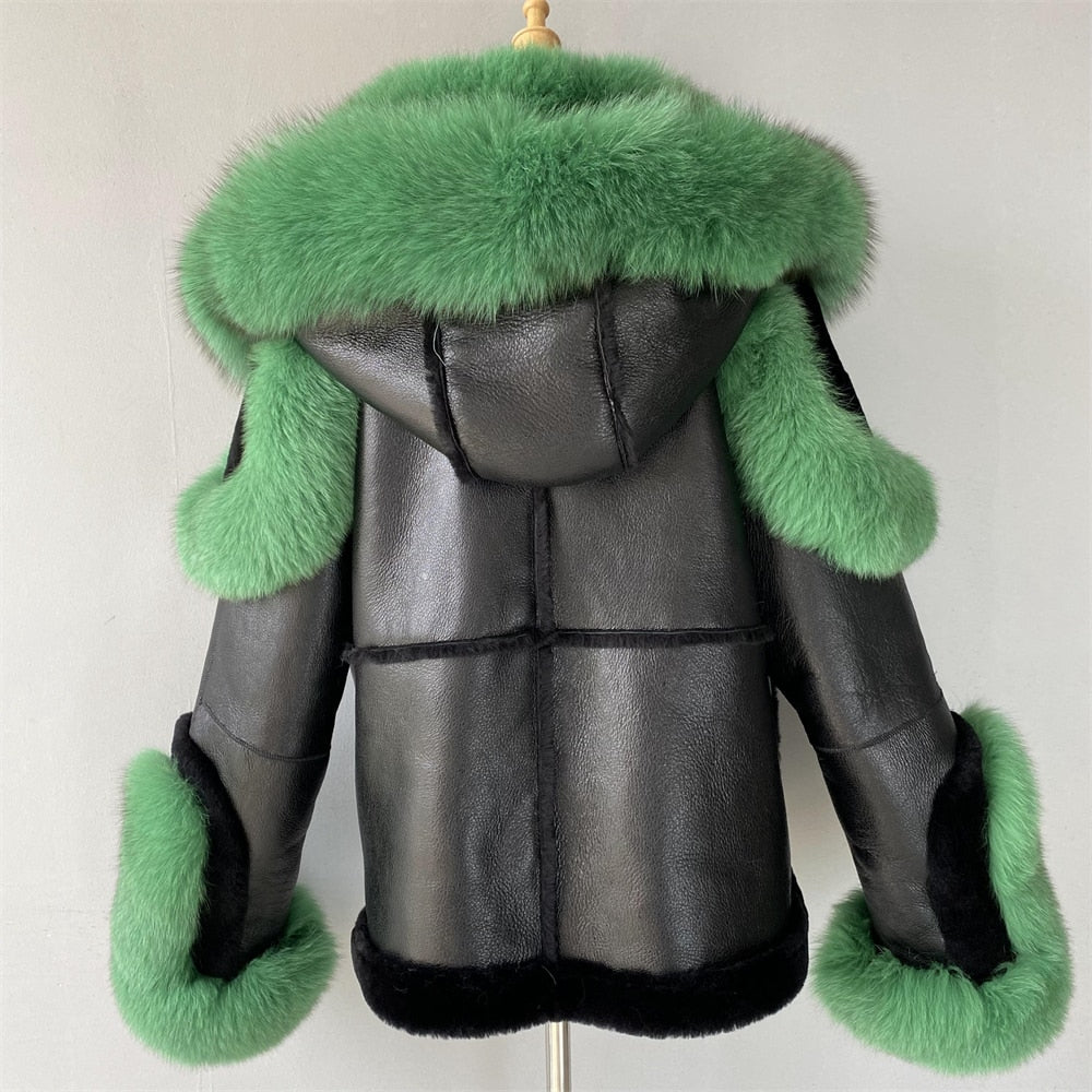 Genuine Leather Fur Moto Shearling Liner Fur Collar Parka