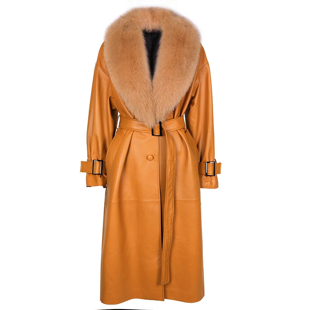 Genuine Leather Long Trench Coats Real Fur Collar