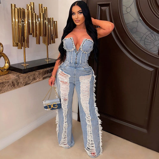 Full Ripped Legs Tassel Denim Jumpsuits