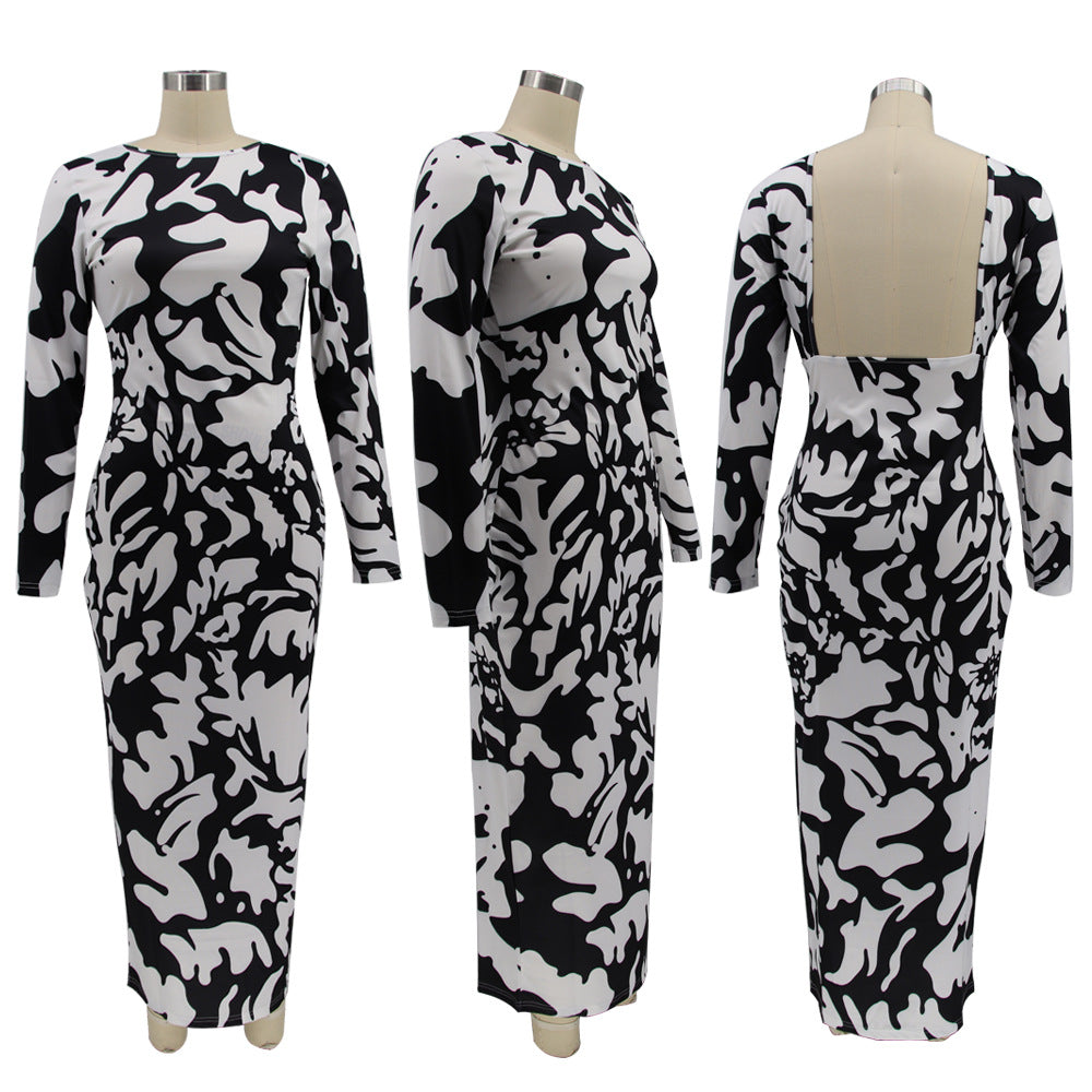 Leaf Print Long Sleeve O Neck Maxi Dress