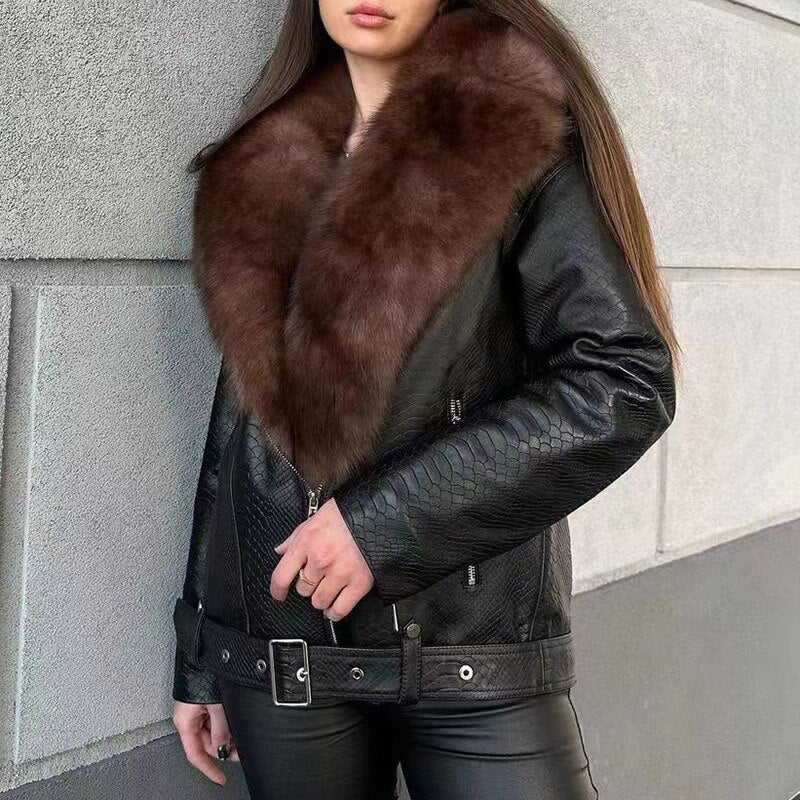 Reptile Genuine Leather Jacket Real Fox Fur Collar