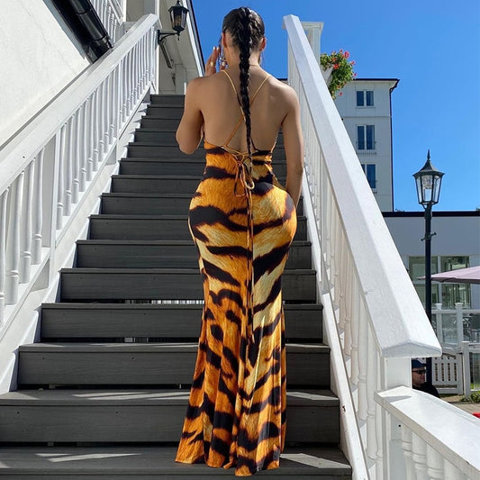 Tiger Printed Bodycon Sleeveless Maxi Dress