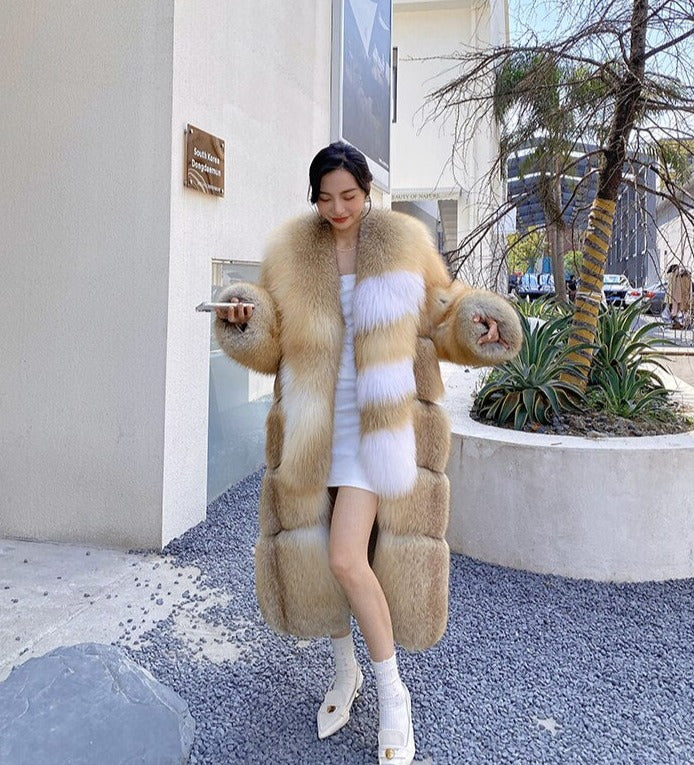 Long Thick Collar Real Fox Fur X-Long Coats