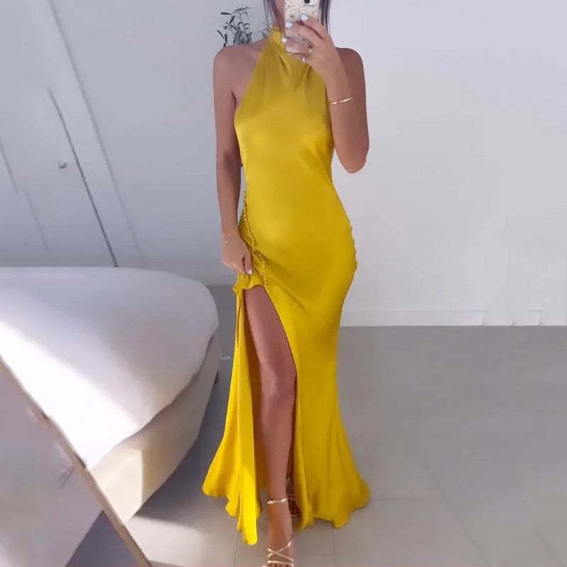 Gold Halter Tie Up Backless Slit Maxi Dress