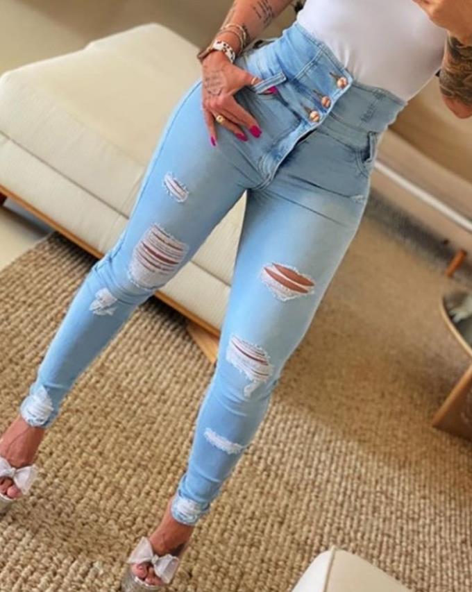 High Waist Cutout Ripped Skinny Jeans