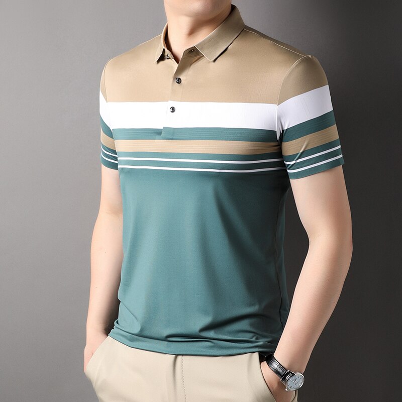 Half Stripe Collar Short Sleeve Shirts