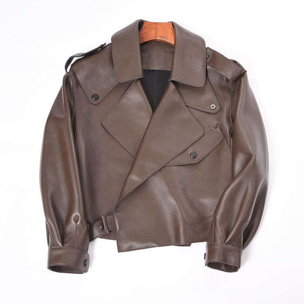 Genuine Leather Moto Jackets Classy Short Loose