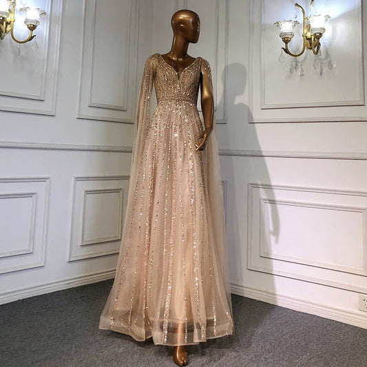 Luxury Sequin One Cape Sleeves Floor-Length Dresses