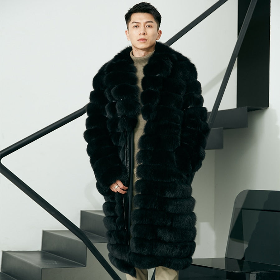 Black Real Fur Long Coat Big Fur Collar