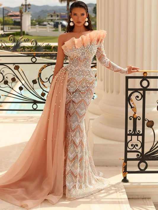 One Sleeve Side Court Train Floor-Length Dresses