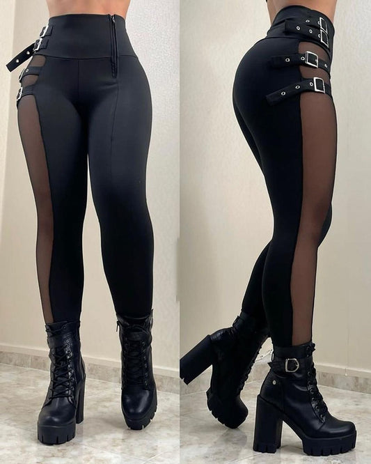 4 Buckled Mesh High Waist Pants