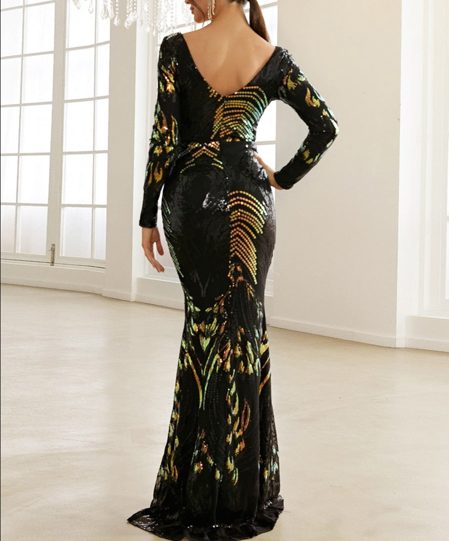 Sequin Sleeved Backless Maxi Dresses