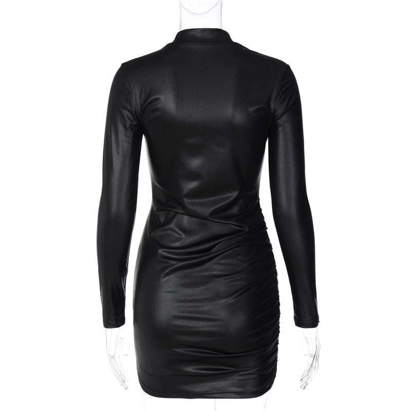 Pu Leather Long Sleeve Bodycon Mini Dresses