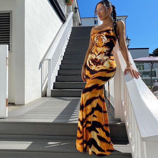 Tiger Printed Bodycon Sleeveless Maxi Dress