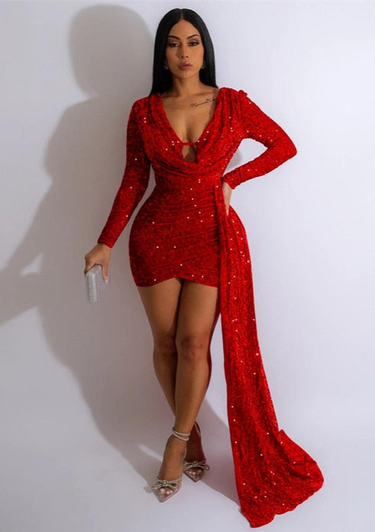 Deep V Sequin Maxi Drape Mini Dresses