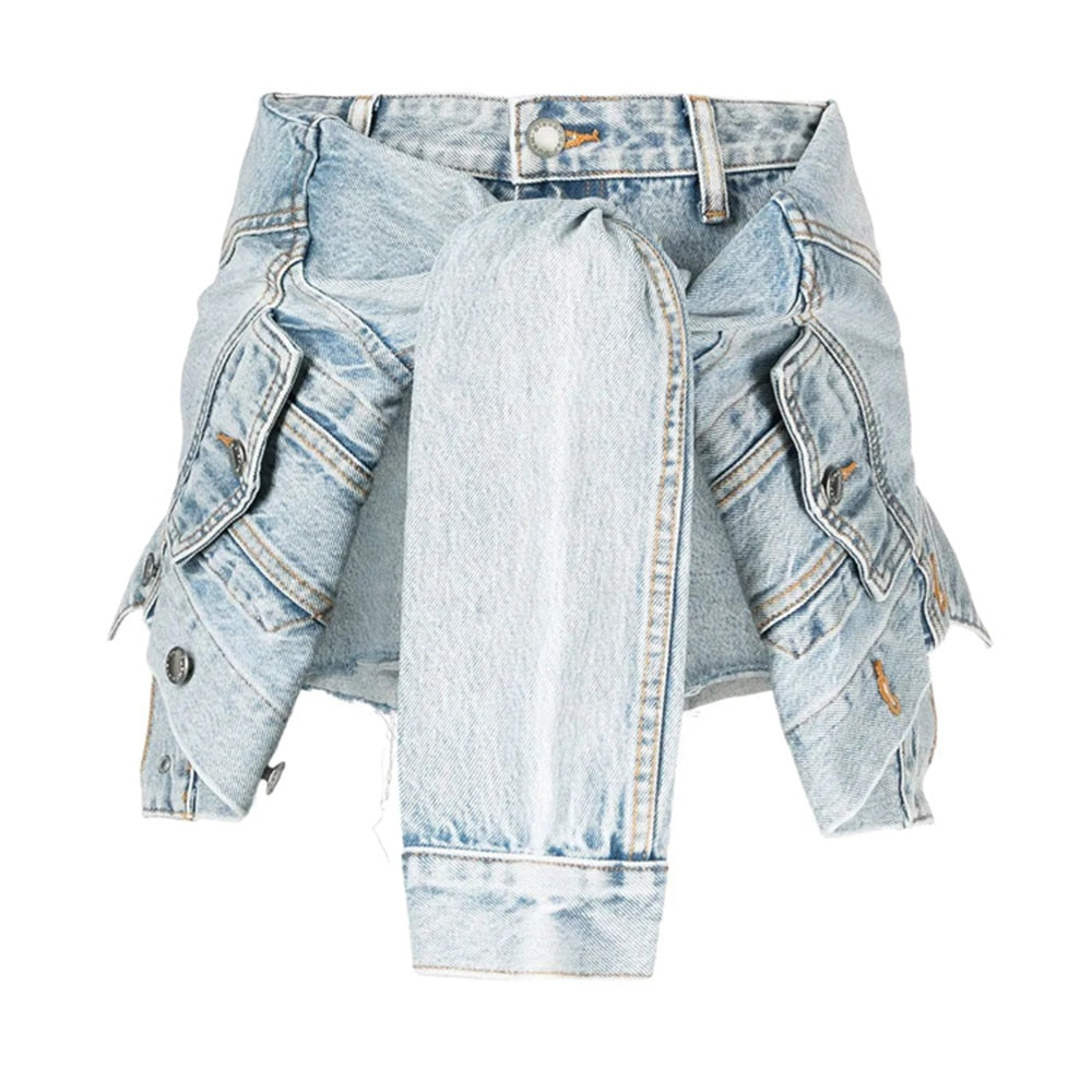 Jacket Tie Style Irregular Denim Shorts