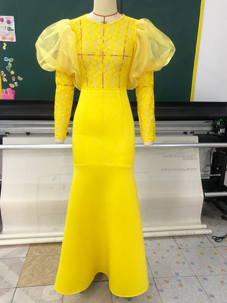 Yellow Lace Flower Long Sleeve See Through Dress