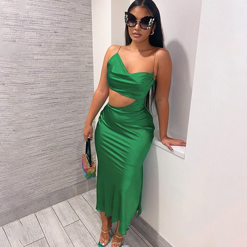 Green Satin Hollow Side Bodycon Long Dress