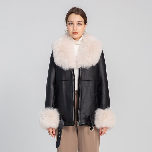 Genuine Leather Coats Real Shearling Fur Collar & Cuffs