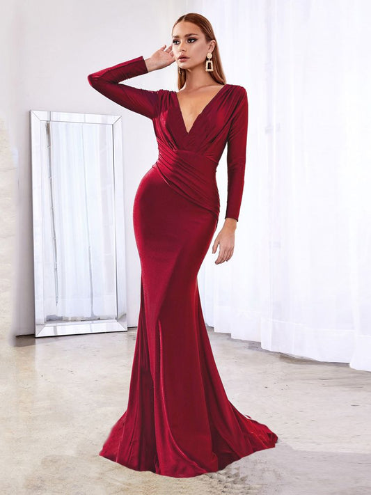 Satin Deep V Neck Sleeved Mermaid Maxi Dresses
