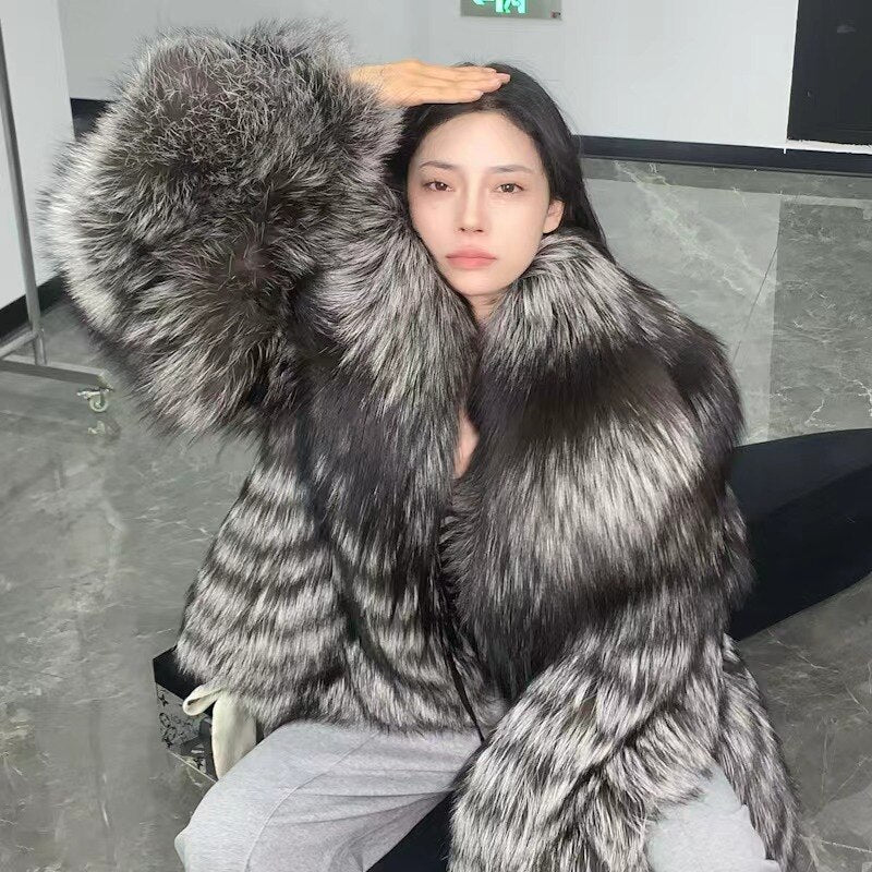 Dark Silver Big Collar Real Fur Coat