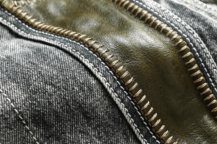 Genuine Leather Vintage Gray Denim Jacket