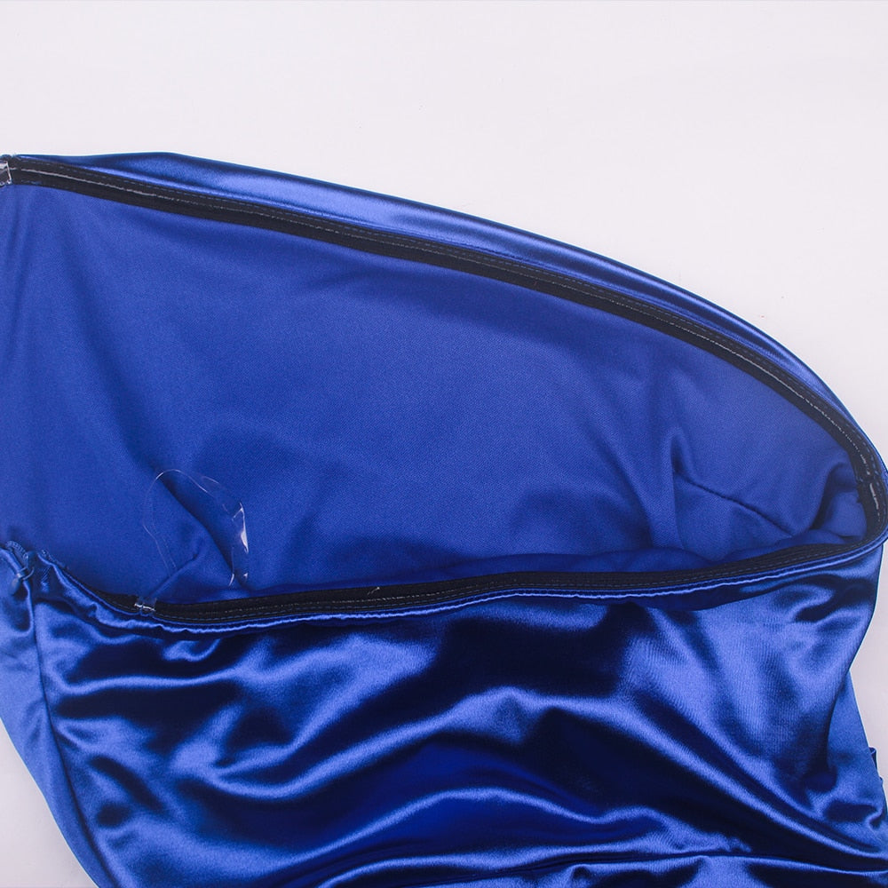 Blue Satin Backless Sleeveless Ruched Slit Maxi Dress