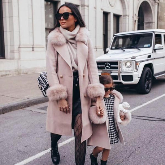 Mother & Daughter Cashmere Wool Pea Coats Fur Collar & Cuffs