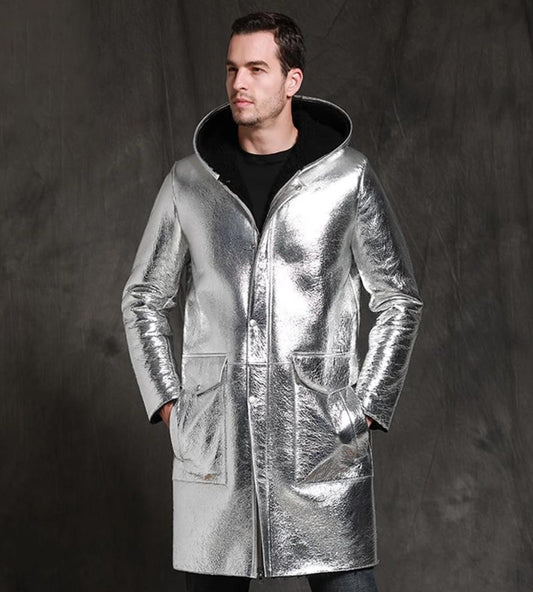 Metallic Silver Genuine Leather Shearling Fur Lining Long Hooded Coat