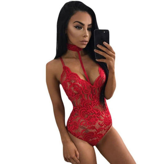 Lace Backless Deep V Neck Halter Bodysuits (Multi-Colors)