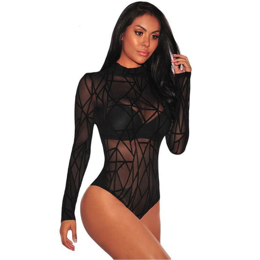 Black Sheer Long Sleeve Mesh Bodysuit