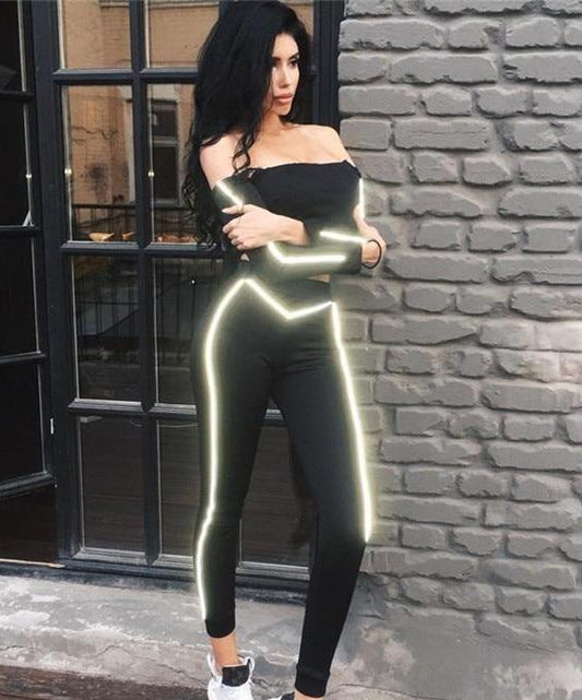 Reflective Stripe Off Shoulder Crop Top and Pants Set