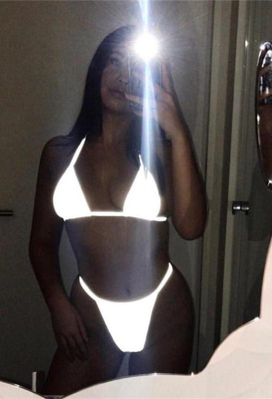 Silver Reflective Halter Crop Top and Thong Set