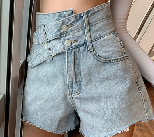 Double Buckle High Waist Denim Shorts