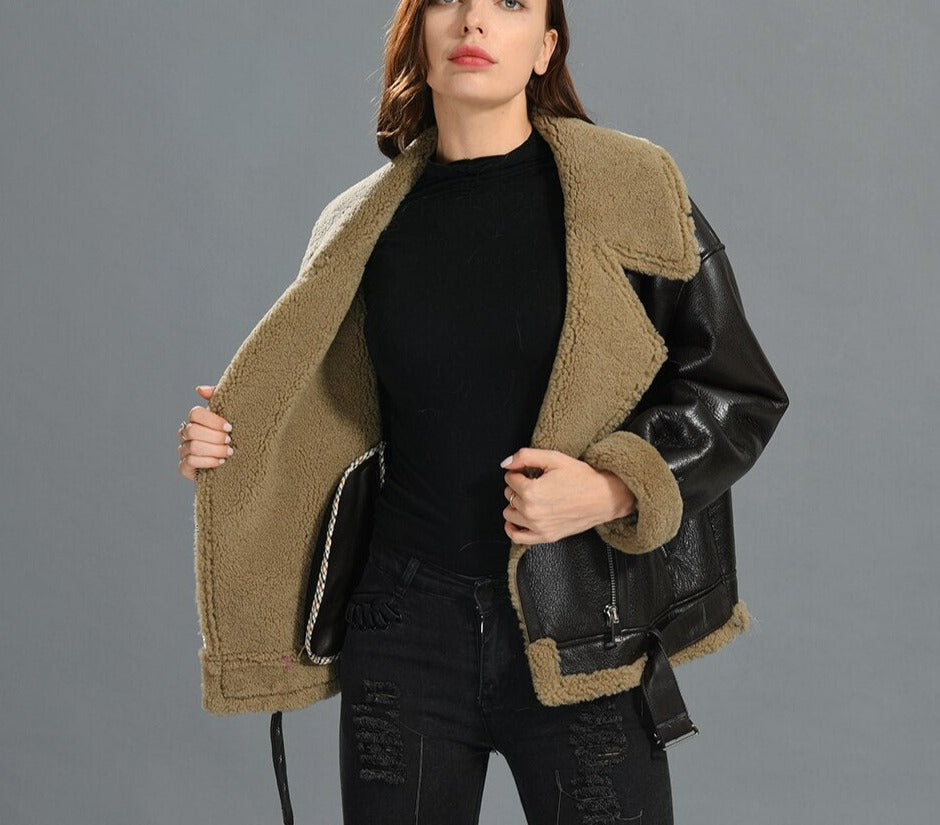 Genuine Leather Coat Shearling Fur Short Retro