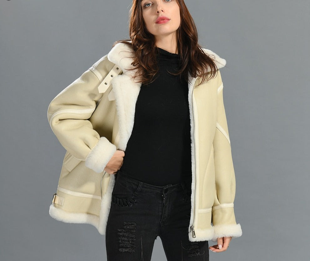 Cream Genuine Leather Coat Shearling Liner Oversized