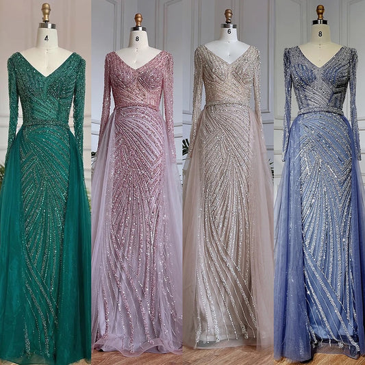 Luxury Beaded Stripe V-Neck Mermaid Floor-Length Dresses