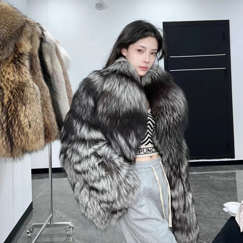 Dark Silver Big Collar Real Fur Coat