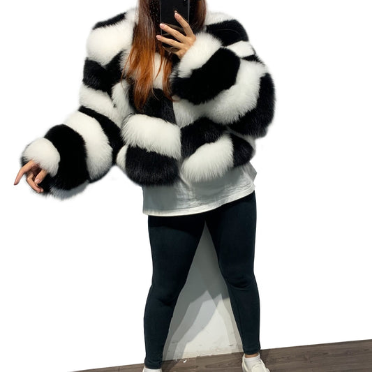 White & Black Checker Real Fur Coat