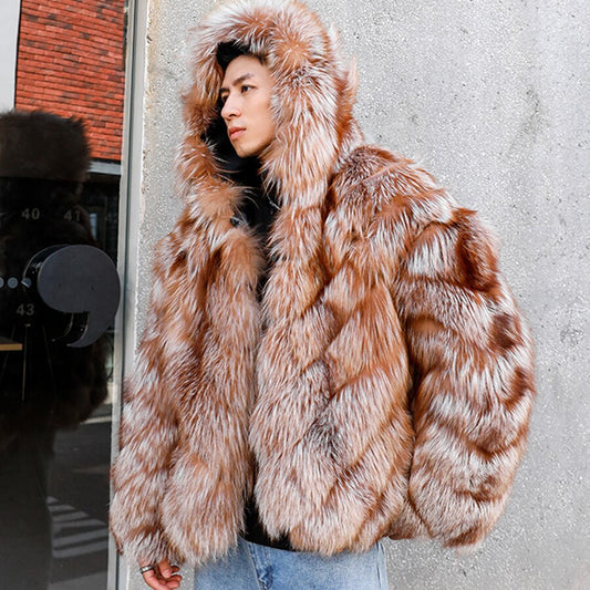 Pattern Hooded Real Fur Coats