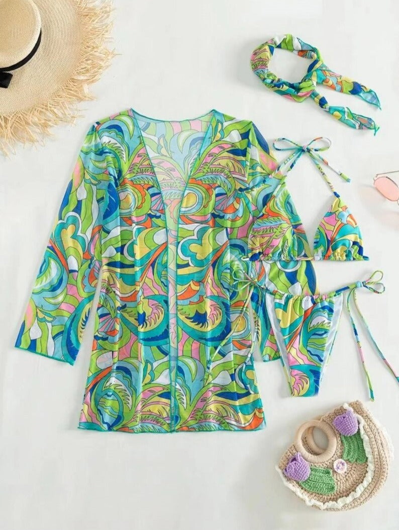 Print Bikini Set, Cover Up & Hairband