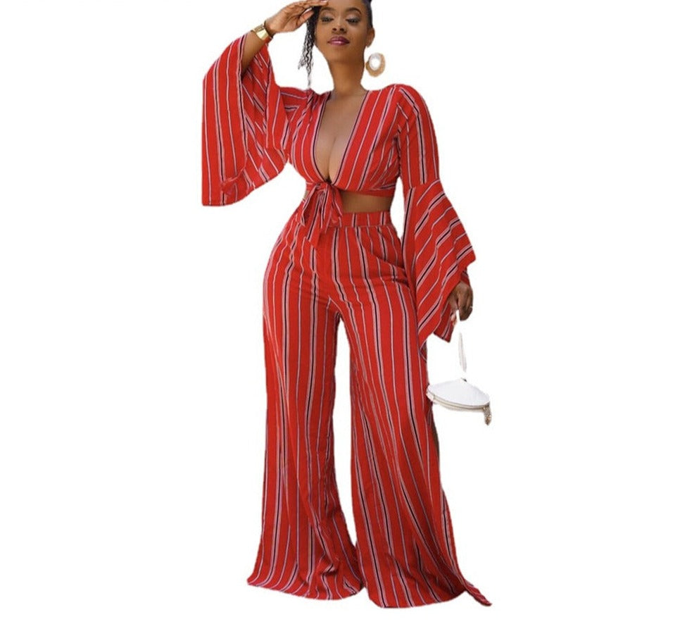 Striped Full Sleeve Crop & Wide Leg Flare Pants Sets