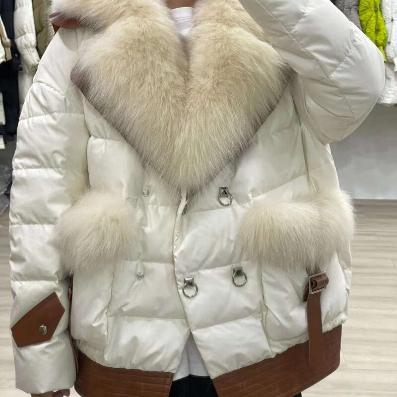 White Goose Down Real Fur Collar Puffer Coats