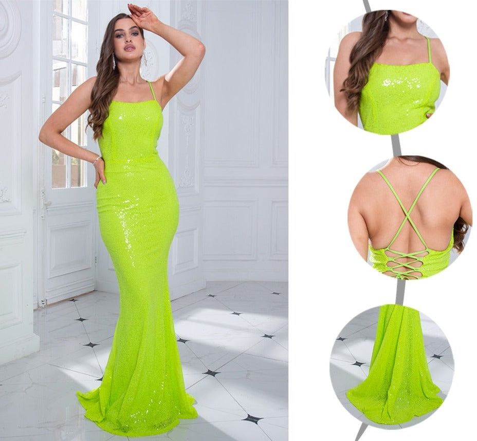 Sequin Open Back Lace Up Sleeveless Floor Length Dress