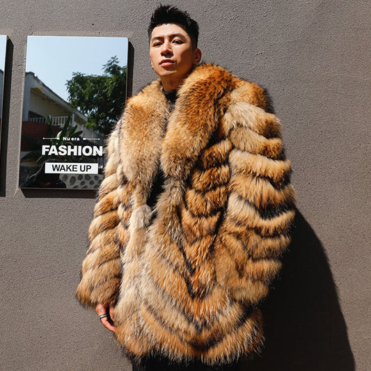 Genuine Real Fur Coat Big Turn-Down Collar Long