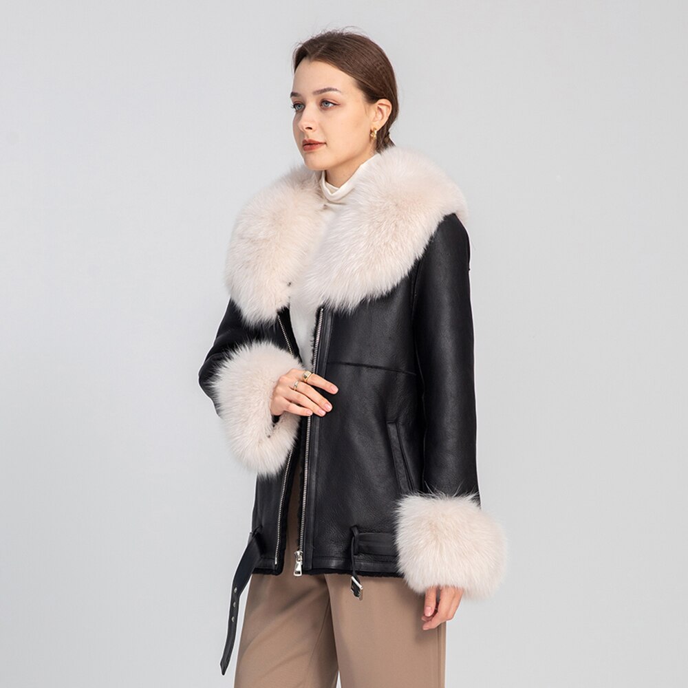 Genuine Leather Coats Real Shearling Fur Collar & Cuffs