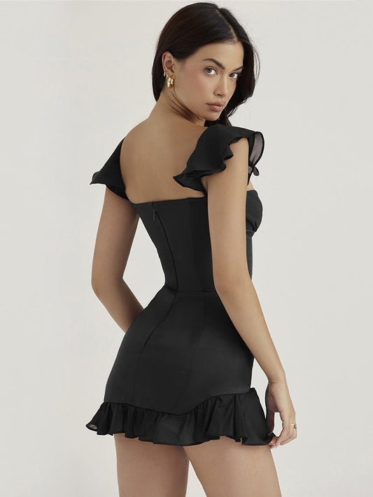 Black Sleeveless Backless Ruffle Mini Dress