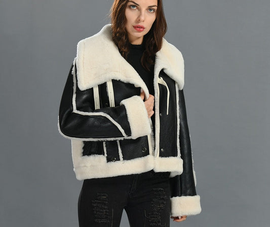 Genuine Leather Shearling Double Face Fur Coat