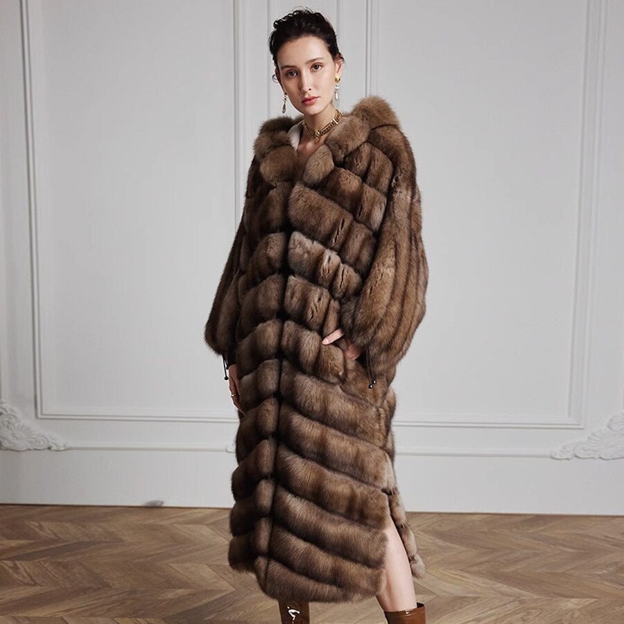 Real Fur X-Long Fur Coat With Hood